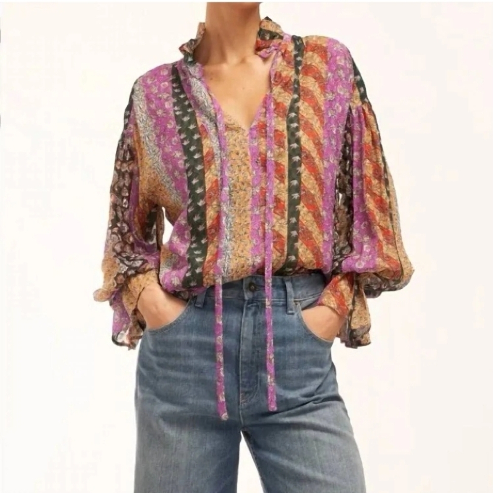 Equipment FARAH SILK SHIRT Size XXS  Patchwork Open Back 100% Silk NEW!
